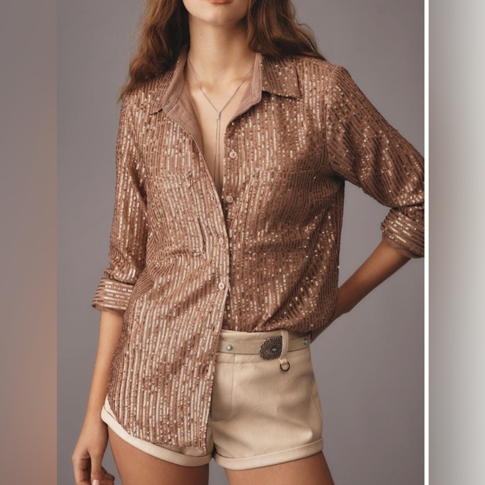 Anthropologie Remi Bronze Sequin Collared Button Down Blouse - Size S NWT